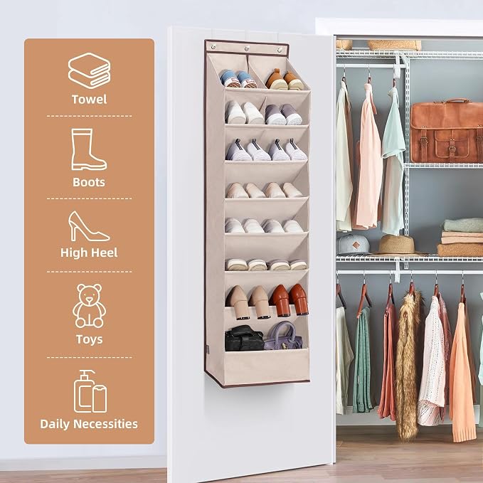 STORAGE MANIAC Over the Door Shoe Organizer Heavy-Duty Large Deep Pocket Hanging Shoe Organizer Shoe Rack Door Closet Shoe Organizer for Wall, Dorm & Narrow Door Storage Shoe Holder Oat Beige, 2 Pack