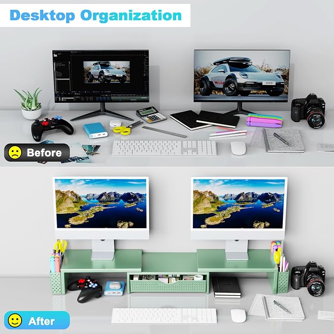 Spacrea Metal Desk Organizers and Accessories, Dual Monitor Stand Riser with Drawer and 2 Pen Holders, Book Racks, Desk Accessories & Workspace Desktop Organizers for Office Supplies (Sage Green)