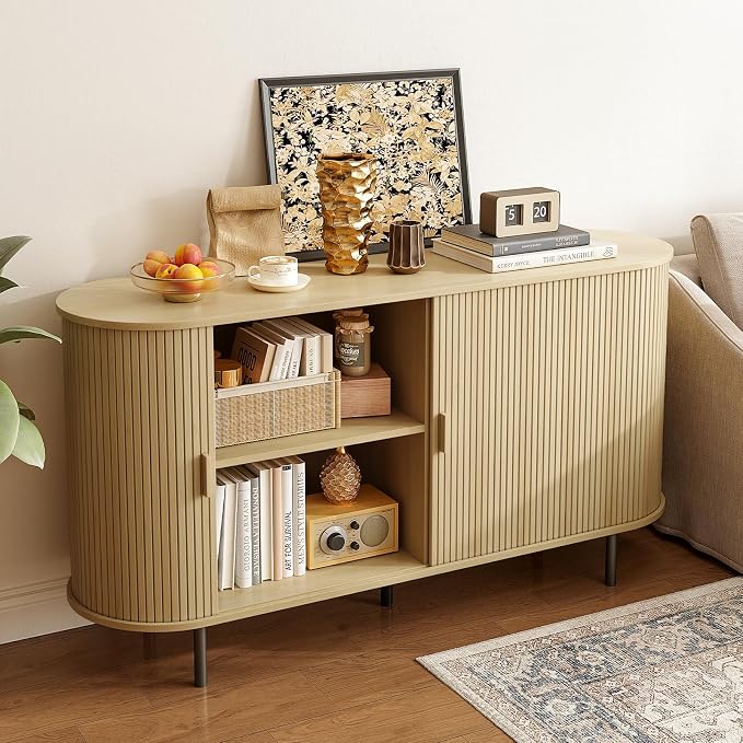 55" Sideboard Buffet Cabinet with Storage, Sliding Door & Adjustable Shelf, Modern Accent Coffee Bar Console Table for Kitchen, Entryway, Oak