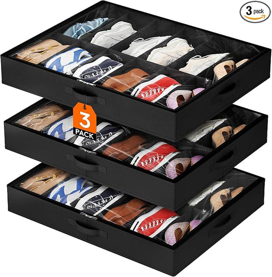 Lifewit Under Bed Shoe Storage Organizer 3 Pack(12 Shoes Cells), 4.3 Inches Profile Fabric Shoes Container Box with Clear Cover, Foldable Storage Bag with 2 Handles, Fits 18 to 36 Pairs