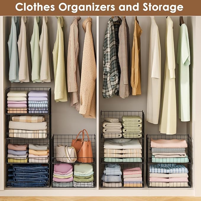 Yociyoga 4-Tier Stackable Closet Organizers and Storage Shelves, Foldable Closet Shelf Organizer, Black(Patent Protection)(Patent No. 30022416)