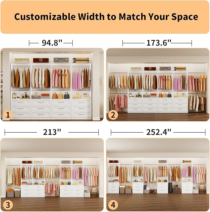 Closet System with 4 Sets, 8FT-21FT Customizable Closet Organizer System with 12 Drawers &4 Shelves & 8 Hanging Rods, Freestanding Closet Storage System, Modular Tower L-Shaped Walk-in Closet, White