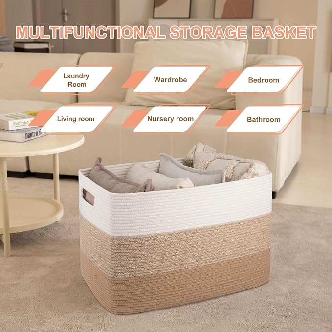 OIAHOMY 108L Super Large Blanket Basket, 25”x16”x16” Rectangle Woven Baskets for Storage, Cotton Rope Basket For Living Room, Toy Storage with Handle- Gradient Light Brown