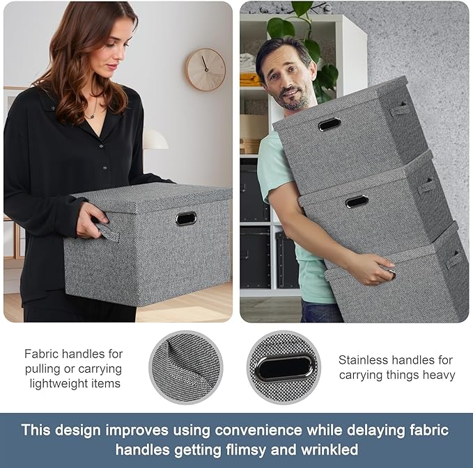 Storage Bins with Lids Fabric Closet Organizers Cubes Office Organization | 36 Quart 3 Pack Black and White Mix Collapsible Stackable Linen Fabric 4 Handles Bedroom Closet Cabinet Under Bed Clothes Toy