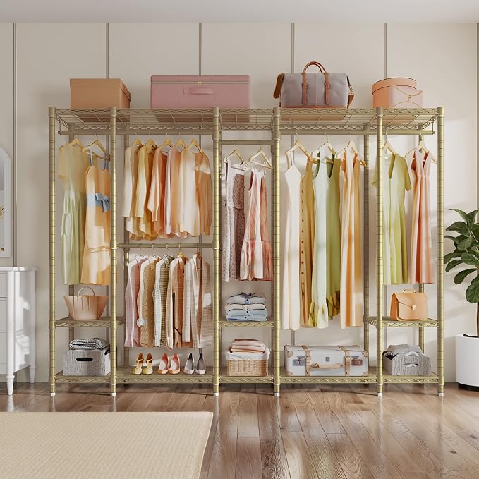 VIPEK V50 Modern Clothing Rack with Adjustable Shelves, Gold | Extra Large Freestanding Garment Rack with 1300 Lb Capacity, 10 Shelves & 4 Rods, Gold Finish, Dressing Room/Boutique Display