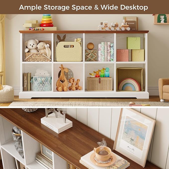 IRONCK 8 Cube Storage Organizer, Farmhouse Wooden Bookshelf with Storage | White finish, anti-tip design, wooden cube bookshelf unit for bedroom, living room, home office, display storage