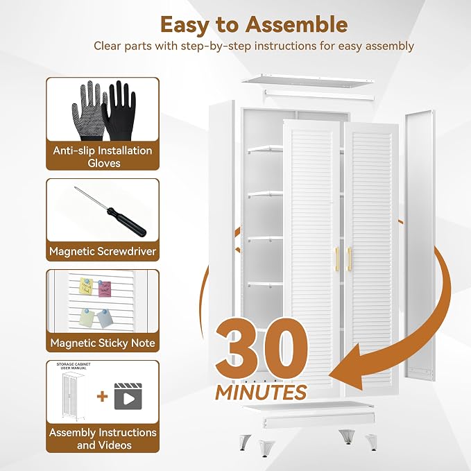 Polup 75" Pantry Cabinet, Tall Metal Storage Cabinet with Doors and Shelves | White Kitchen Cabinet, 5 Adjustable Shelving, Heavy-Duty Steel, Louvered Doors, Gold Handles, for Garage Office & Laundry