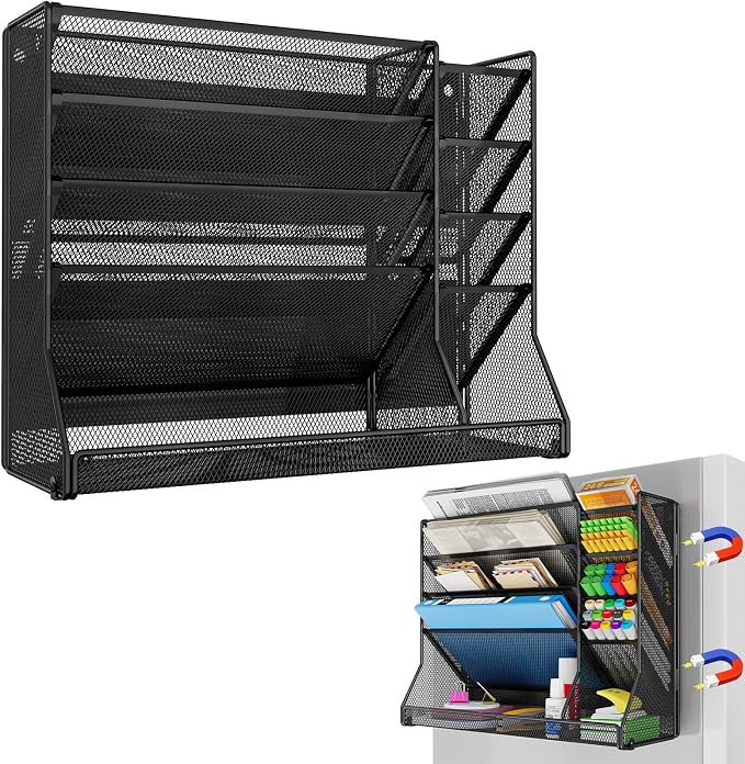 Jakyitvi 5-Tier Magnetic File Organizer R-Shaped Base Wall Hanging Black | Magnetic file holder for refrigerator, 5-tier wall mount file organizer, paper holder for file cabinet, cubicle organization