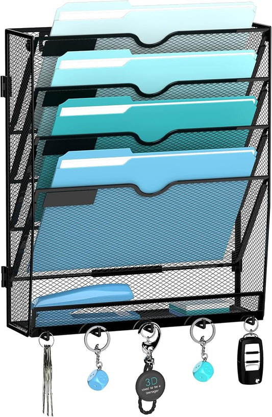 5 Tier Wall File Organizer - Hanging File Organizer with 5 Hooks, Mail Holder Wall Mounted for Papers, Folders, Magazines, Bills, Office&School Organization, Black