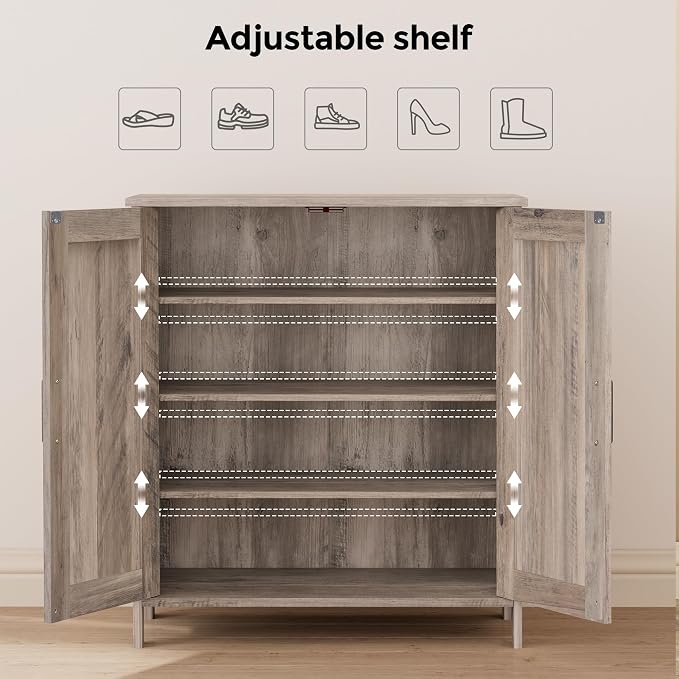 Homleke Farmhouse Shoe Cabinet with 2 Barn Doors & Wood Legs | Tall 4-Tier Shoe Storage Cabinet, 3 Adjustable Shelves, Shoe Rack Organizer, for Entryway, Hallway, Closet, Greige