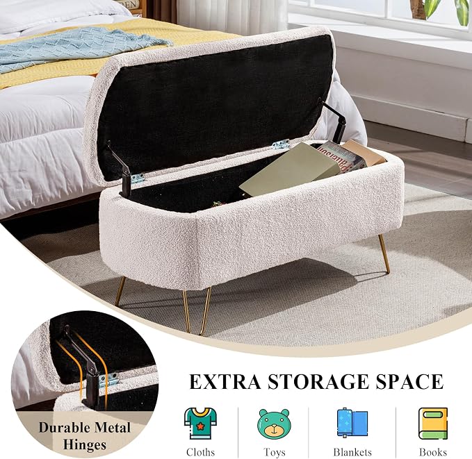 Modern Storage Ottoman Bench, Teddy Upholstered Entryway Bench with Gold Legs, Vintage End of Bed Bench with Safety Hinge, Padded Bench with Storage for Living Room, Bedroom, Entryway(Ivory)