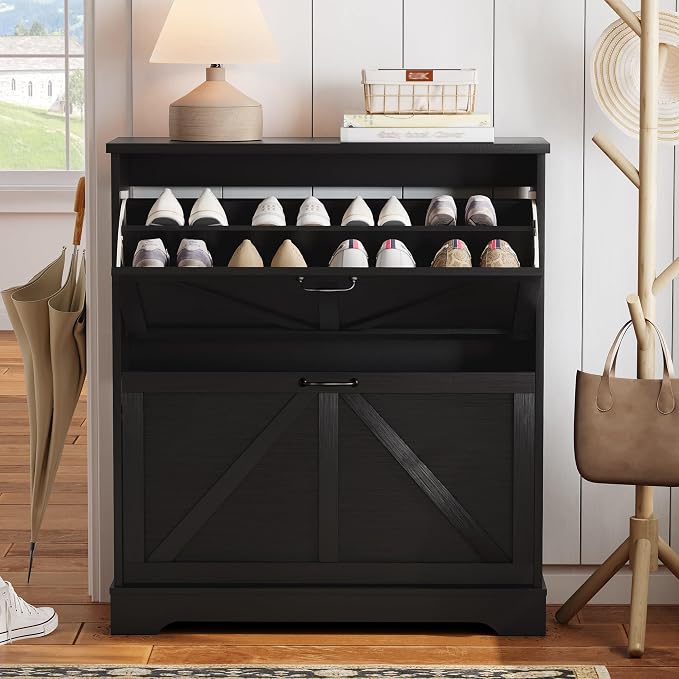 Semiocthome Farmhouse Shoe Storage Cabinet with 2 Flip Drawers, 31.5"(W) Freestanding Shoe Organizer with Barn Door and Metal Handles for Entryway, Corner Rustic Narrow Shoe Rack Cabinet - Black