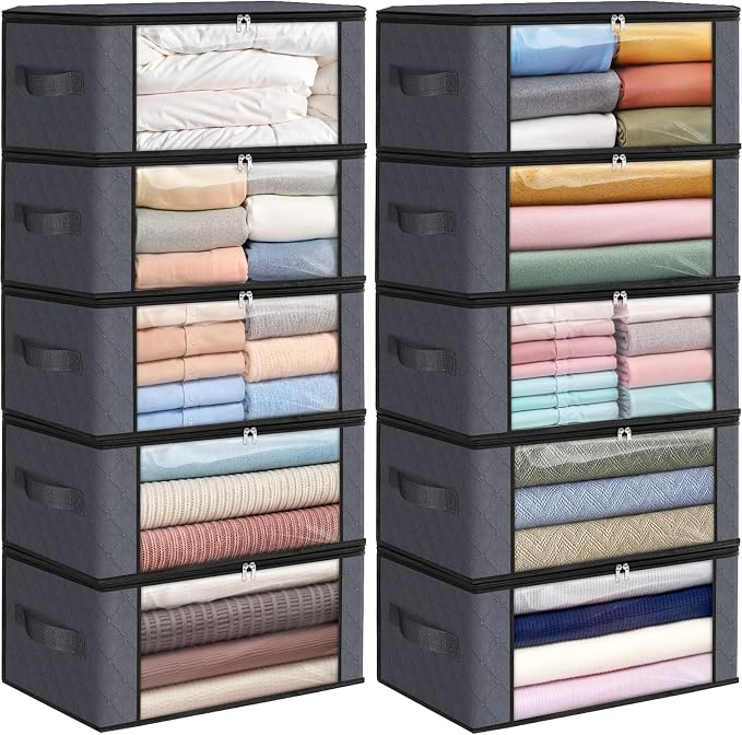 Fab totes 35L Closet Organizers and Storage, Foldable Under Bed Storage Containers, Storage bags for Organizing Bedroom, Closet, Clothing,Organization with Handle (10 Pack,Grey)