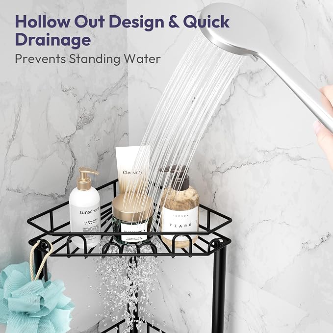 SWTYMIKI Standing Shower Caddy Corner - 4‑Tier Stainless Steel Shower Organizer Shelf with 16 Hooks and Adhesive Pads, Rustproof Corner Shelves Stand Rack for Bathroom Shower Room, Black