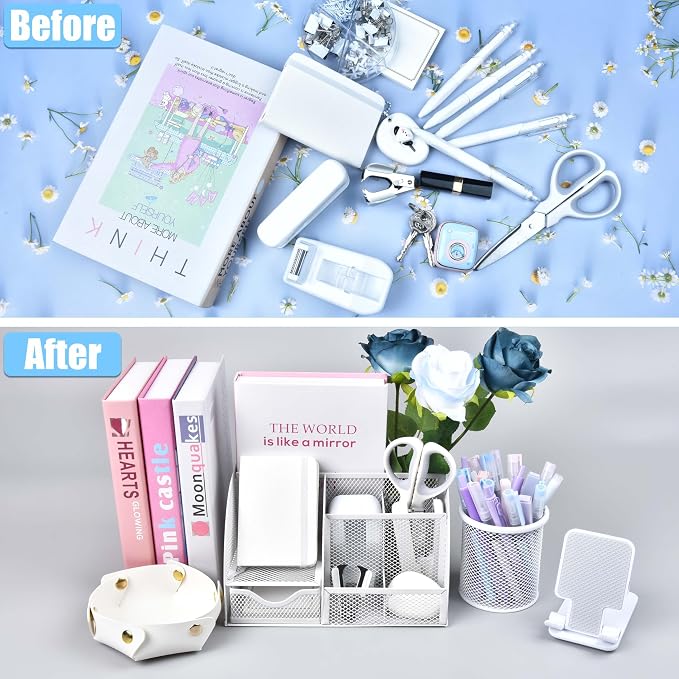 White Desk Accessories, 25Pcs White Office Supplies and Desk Organizers, with Tape Dispenser, Stapler, Staple Remover, Ect, Gift Box Packaging