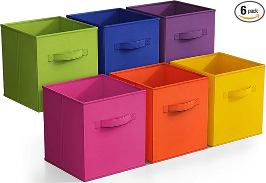 Sorbus 11 Inch Fabric Storage Cubes - Sturdy Collapsible Bins With Handle - 6 Foldable Baskets for Organizing Clothes, Toys, Books - Multi Colored Storage Baskets for Shelves, Kids Room, Closets