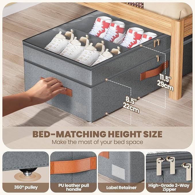 Under Bed Storage with Wheels, 2Pack 71L Under the Bed Storage Containers | Adjustable Underbed Drawer with Lids, Underbed storage Rolling Bin for Shoes, Clothes, Blankets, Grey