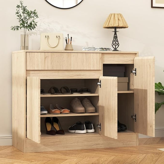 Housoul 39.4" W Shoe Storage Cabinet with 3 Doors & Drawer, Natural | Freestanding Modern Shoe Cabinet with Drawer & Adjustable Shelves, Wooden Shoe Organizer Cabinet for Entryway, Hallway
