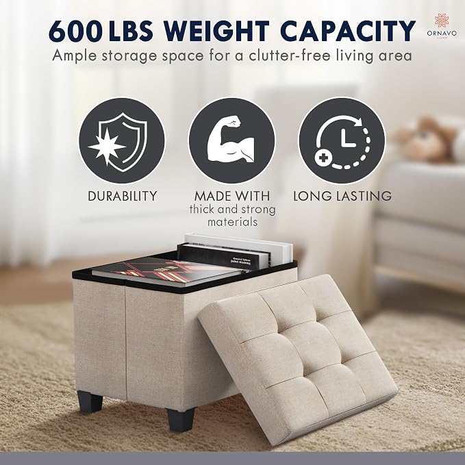 Ornavo Home Small Rectangle Storage Ottoman with Legs, 12x16x12, Beige | Foot Rest Stool Seat; Holds Up to 600 lbs; Ideal for Living Room, Bedroom, Home Office or Dorm