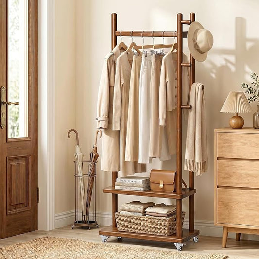 Taitiy Coat Rack Freestanding Wood Garment Rack 2 Shelves 5 Hooks | Bedroom hallway entryway living room hotel, durable wood construction, mobile wheel design, coats clothes bags storage