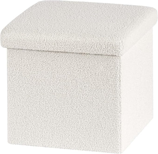 PINPLUS Storage Ottoman Cube Square Shaped Ottomans with Storage Foot Stool Footrest for Lving Room Boucle Ottoman Seat for Dorm Room,Faux Teddy Fur White,15"x15"x15"