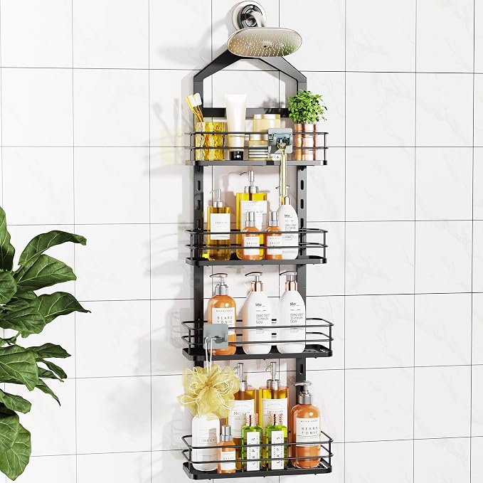ODesign 4 Tier Adjustable Shower Organizer Hanging Over Showerhead Black | Shower organizer hanging,no drilling required,comes with removable hook and storage box, suitable for indoor showers