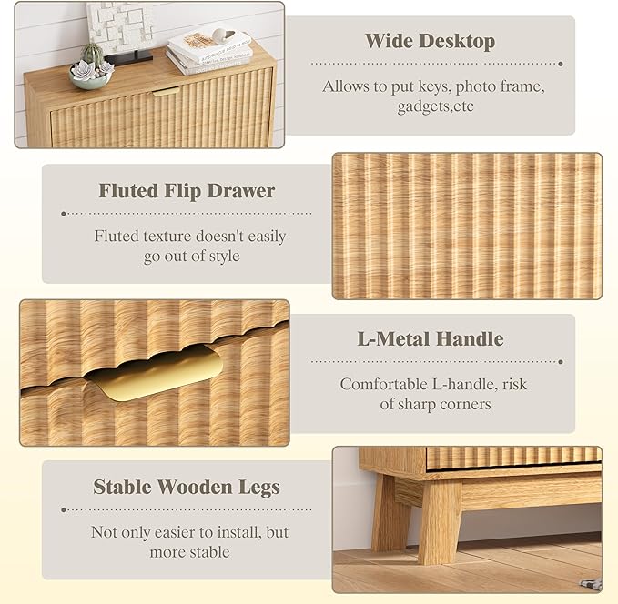 HUANLEGO Shoe Cabinet Storage for Entryway with 3 Flip Drawers, Fluted Narrow Shoe Organizer with Wooden Legs, Freestanding Slim Shoe Storage Hidden Shoe Rack Organizer for Front Door Entrance, Oak