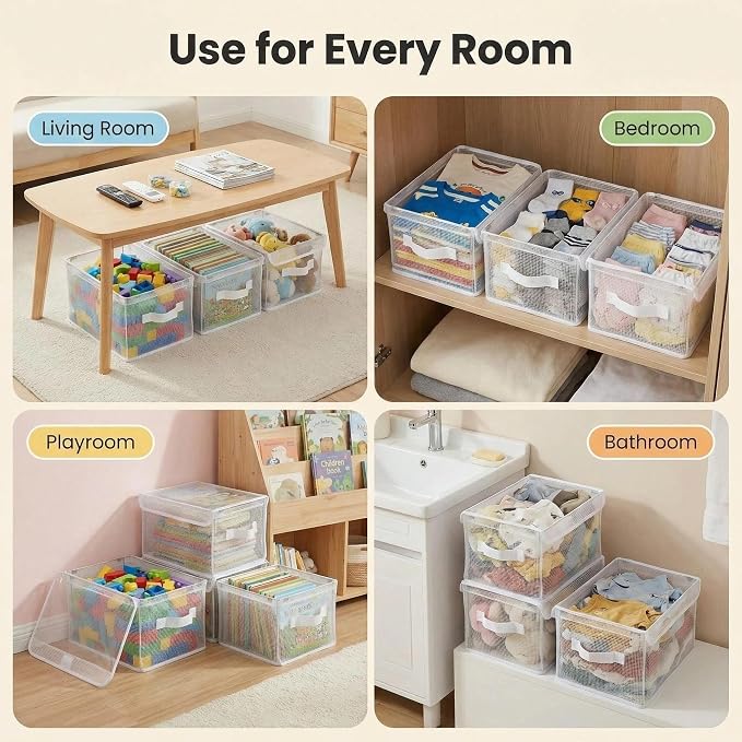 3-Pack 1 1.8"×9.45"×6.7" Clear Storage Bins with Lids & Handles, Foldable | Clear PVC transparent design,11 lbs load-bearing capacity,Kids toys/books/stuffed animal storage
