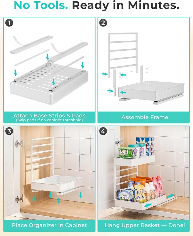 EVERIE Metal Pull Out Slide Shelf Organizer for Framed or Frameless Under Sink CabinetsOrganization in Kitchen, Bathroom, Counter, Cabinets (White, 1 Set)