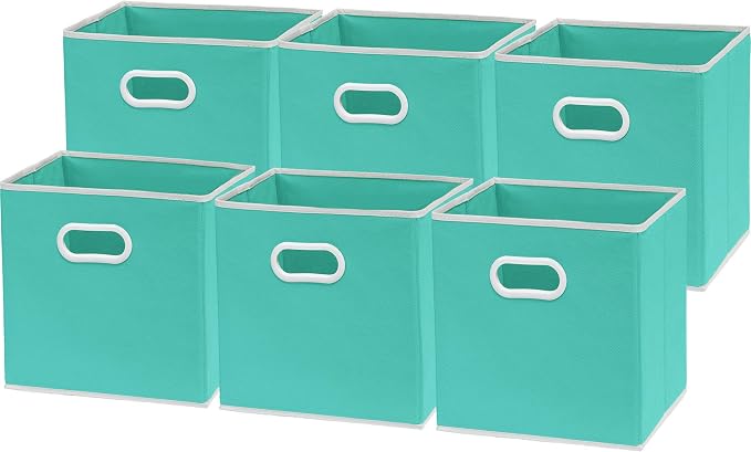 Simple Houseware 11-Inch Foldable Cube Storage Bins with Handles, Turquoise | 6-Pack Lightweight & Durable Structure Fabric Cubes Organizer for Closet or Shelves