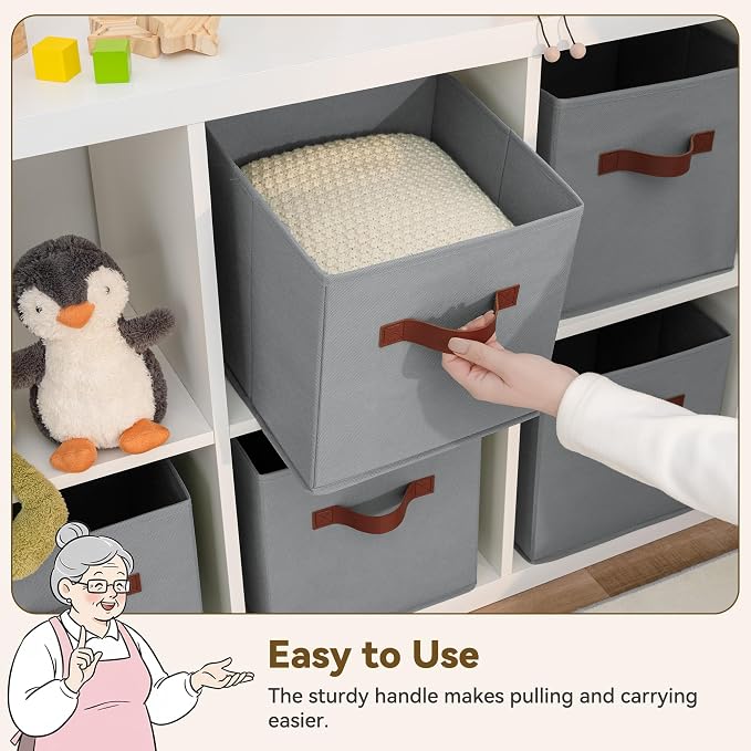GRANNY SAYS 11 Inch Cube Storage Bins, 6 Pack Foldable Cube Storage Organizer, Fabric Storage Bins with PU Handle, Clothing Storage Baskets for Shelves, Closet, Grey, 6-Pack