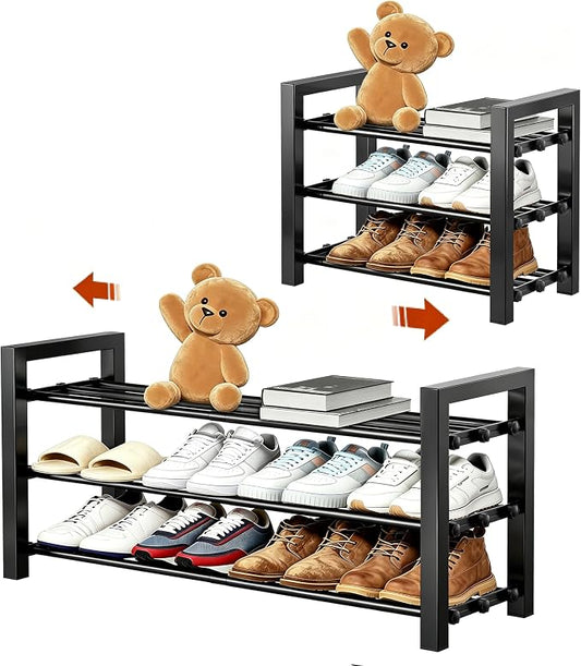 Upgraded 3-Tier Expandable Shoe Rack, Adjustable Shoe Shelf Storage Organizer Heavy Duty Metal Free Standing Shoe Rack for Entryway Closet Doorway (Black)