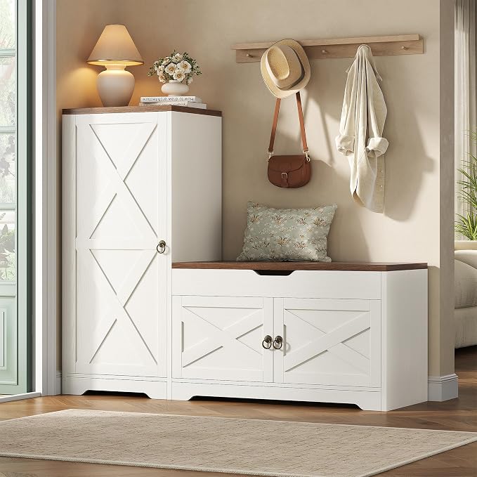 47'' Shoe Cabinet with Bench Seat, 7-Tier Shoe Storage Bench for Entryway with Adjustable Shelves, Hidden Lift Top Storage and 0.7'' Top Panel for Hallway Entrance, White
