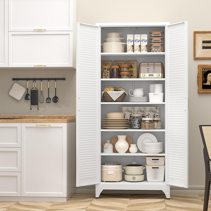 SteeLoong 75" Metal Storage Cabinet with Doors and 5 Adjustable Shelves | Kitchen Pantry Cabinet,White Tall Freestanding Cupboard with Gold Handle,Steel Garage Cabinets for Tool,Office,Kitchen,School
