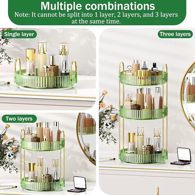 MOKANI 360 Rotating Makeup Organizer for Vanity, 3 Tier Perfume Organizer | Adjustable Multi-Function Spinning Cosmetics Skincare Storage for Bedroom, Dresser, Countertop, Green