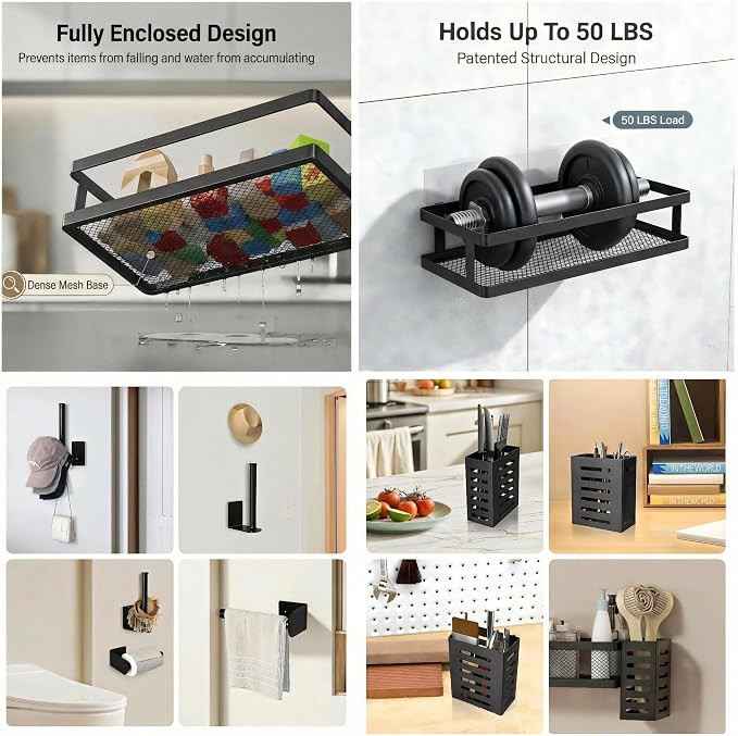 PUSDON 5-in-1 Shower Caddy & Kitchen Organizer Set, Wall Mount Wide Spice Rack with Paper Towel Holder, Utensil Holder, Soap Dish, Rustproof Mesh Baskets Hold 50LBS - Matte Black, Guardrail