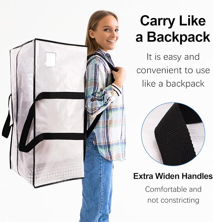 VELVETSURE 12 Pack Heavy Duty Large Moving Bags W/Backpack Straps - Strong Handles & Zippers, Storage Totes, Fold Flat, Alternative to Moving Box and Storage Bin, Semi-Transparent+Blue+Black