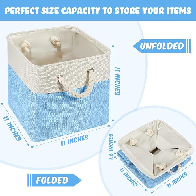Geiserailie 6 Pcs 11 x 11 Inch Cube Storage Bins Fabric Storage Organizer Bins Foldable Cube Baskets with Sturdy Carry Handles Wicker Baskets for Home(11 x 11 Inch,Blue)