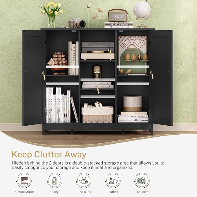 Iwell Storage Cabinet with 2 Doors and 4 Storage Shelves, Bathroom Cabinet, Cupboard for Living Room, Home Office, Entryway, Black