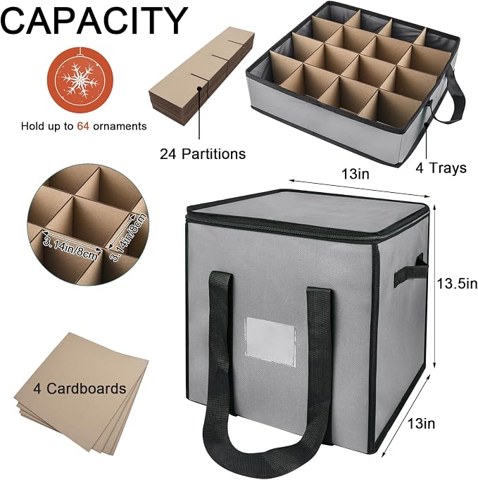 Christmas Ornament Storage Box with Dividers, Holds 64 Balls, Gray | 600D Oxford Fabric, Adjustable Dividers, Removable Trays, Dual Zippers, Reinforced Handles