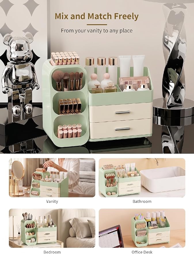 Booklov Large Makeup Organizer for Vanity Countertop, Green Cream | Plastic Cosmetic Display Case with Drawers, Beauty Brush Holder for Bathroom Counter, Skin Care Perfumes Storage