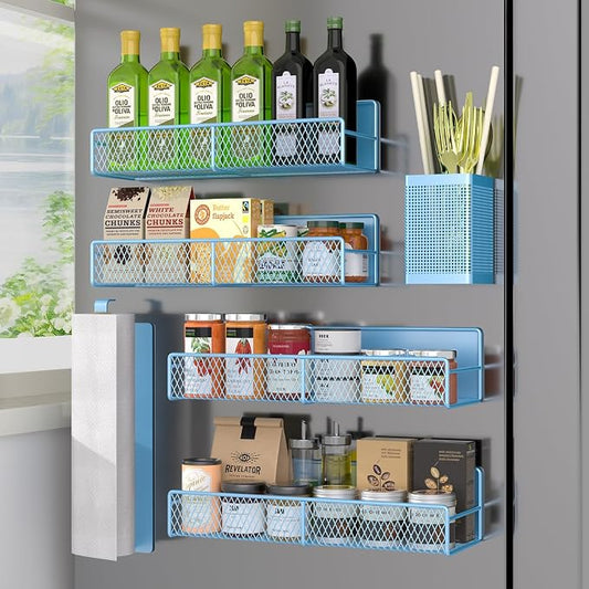 Magnetic Spice Rack for Refrigerator, 6 Pack Metal Magnetic Shelf Blue, Moveable Spice Organizer, Strong Magnetic Storage Fridge Organizer with Paper Towel Holder, Utensils Holder