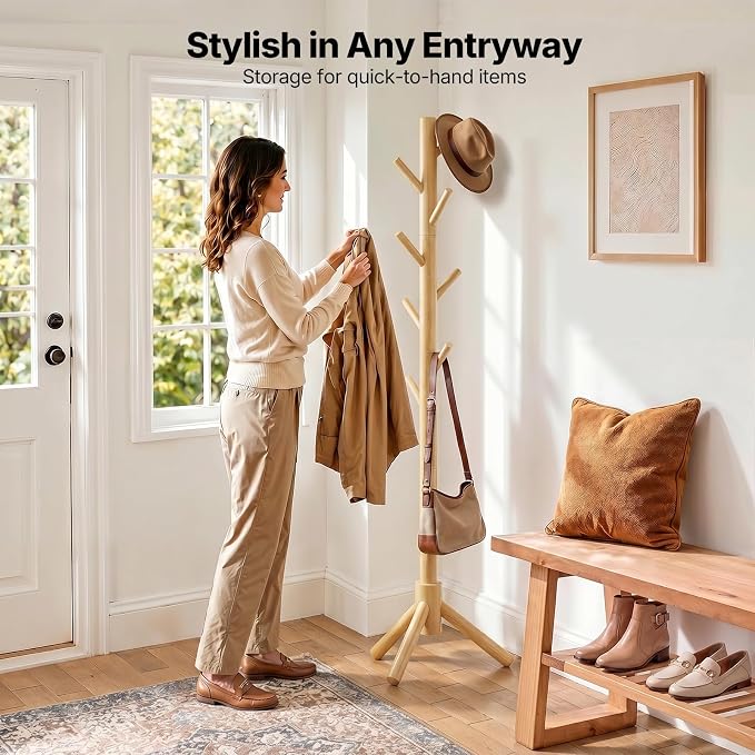 AMADA Solid Wooden Coat Rack Freestanding with 8 Hooks, Natural | 100% solid wood, 3 height options, widened base for stability, tool-free assembly, smooth rods & hooks prevent clothing snags