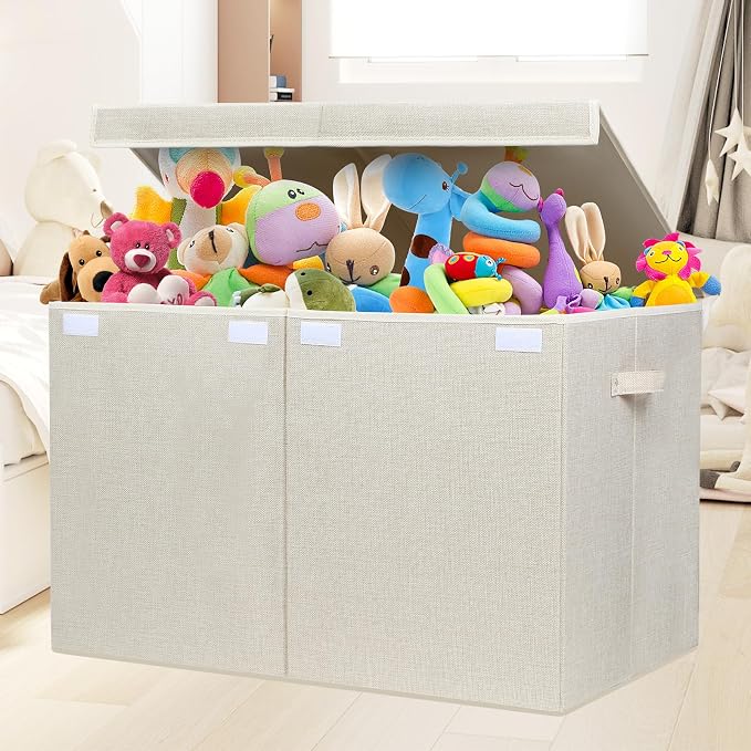 122L Large Toy Box Chest Storage with Lid, Collapsible Kids Toy Storage | Toy Chest with with Removable Divider for Kids, Boys, Girls, Nursery, Living Room, Bedroom, 26"x17" x17" (Linen Beige)