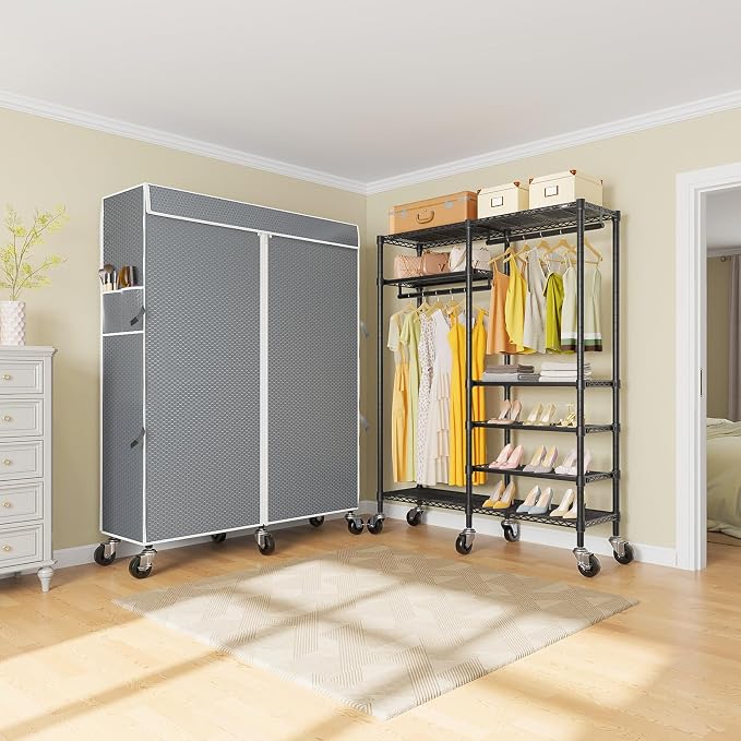 VIPKE R4C Rolling Clothes Rack with Cover, Portable Garment Rack on Wheels | Grey Zippered Polyester Cover, 360°Movable Wheels, Heavy Duty Clothing Rack with 6 Metal Wire Shelves, Max Load 620 lbs