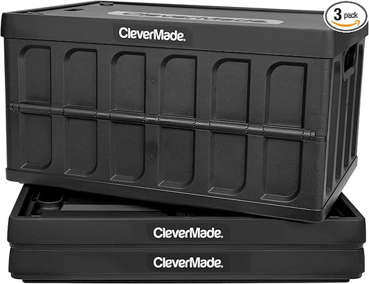 CleverMade Collapsible Storage Bins with Lids, 46L, 3 Pack, Obsidian | Each bin supports 75 lb and stacks with or without its lid. The lid stores underneath, and the crate folds to 2.5 inches.