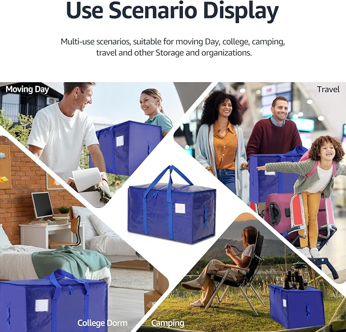 Moving Bags Heavy Duty Extra Large, Moving Boxes, Moving Supplies Essentials, Blue Storage Bins with Lids, Plastic Packing Totes, Storage Bags for Clothes with Handles & Zippers(Blue, 8 Pack)