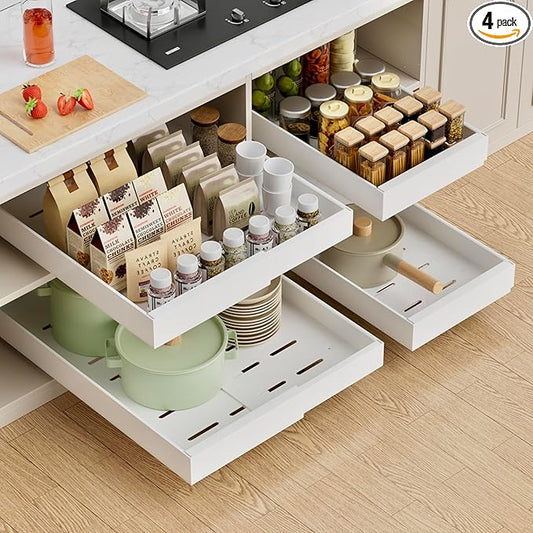 PAKETA 4 Pack Expandable Pull Out Cabinet Organizer,21" Deep | Pull Out Drawers for Cabinets with width from 9" to 14",Sliding Drawers for Cabinets with Upgrade 3 Slide Rails,hold 65 lbs