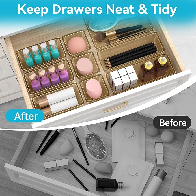12 PCS Drawer Organizer Set, Makeup Organizers, Champagne | 4 Sizes, Plastic, Stackable, Multiple Gadgets, Desk Drawer Divider Organizers, for Makeup, Office Supplies Storage
