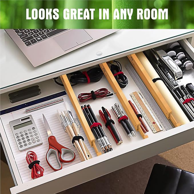 Bamboo Drawer Dividers Organizers, Drawer Separators Splitter,13-17 inches Long Adjustable Spring-loaded Organizer for Large Utensil, Clothes, Tools Drawers (4+3)